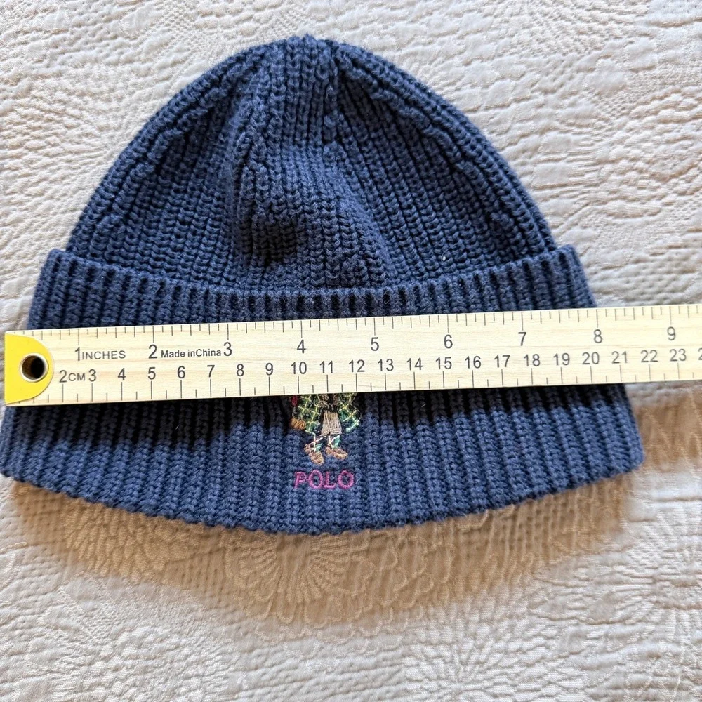 Polo Ralph Lauren Bear Navy Blue Ribbed Knit Toddler Beanie Hat One Size Cotton